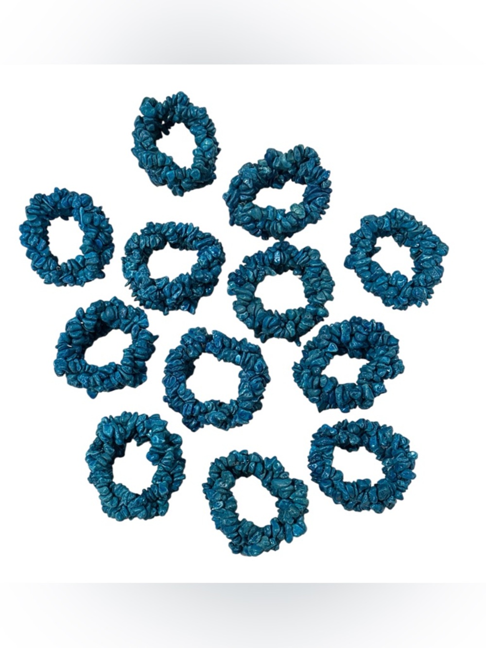 Set Of 12 Napkin Rings Turquoise Blue Colored Chip Beads, Beach, Nautical